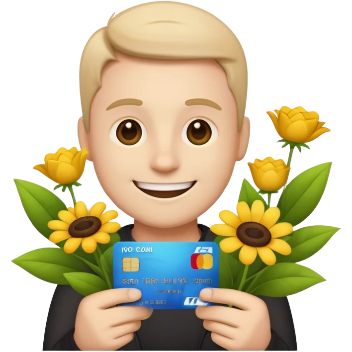 Happy emoji with credit card in hand and a pile of flower next to him emoji