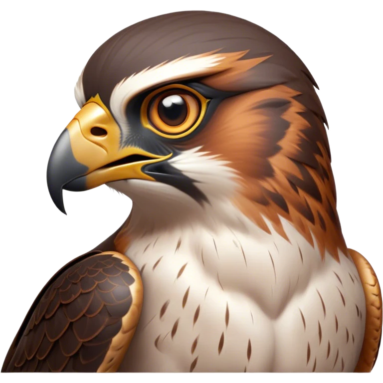 Cinematic Noble Falcon Portrait Emoji, Poised and majestic, with a streamlined, muscular build, a sharply hooked beak, and intense, piercing eyes that exude focus and speed, Simplified yet sharp and sophisticated features, highly detailed, glowing with a soft, amber radiance, high shine, intelligent and commanding, stylized with an air of aerial authority, focused and swift, soft glowing outline, capturing the essence of a watchful and confident falcon that appears ready to soar out of the screen with effortless power! emoji