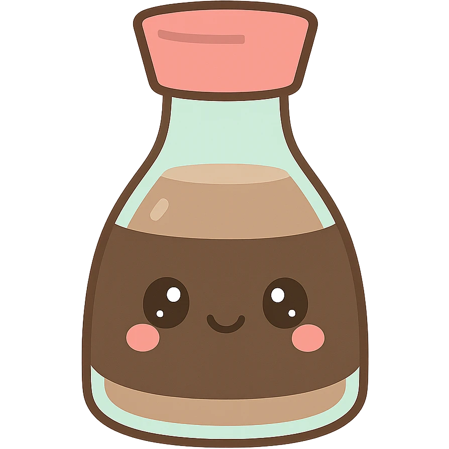 a bottle of Japanese soy sauce, kawaii style, cute face on the bottle, pastel colors emoji