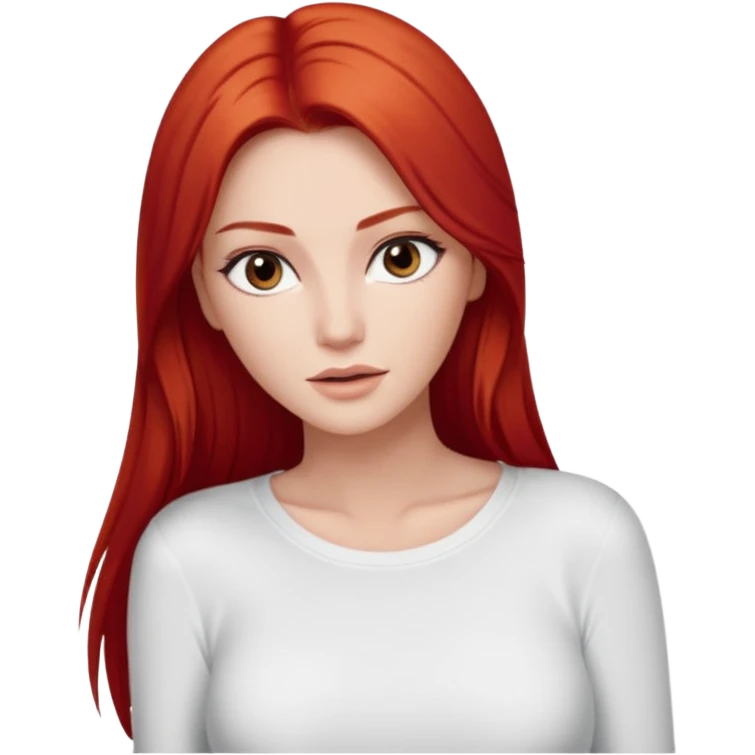 Beautiful woman model  large breasts  with brown  monolid thin eyes white  skin long straight  red hair model white long sleeve top Kendal Jenner  emoji