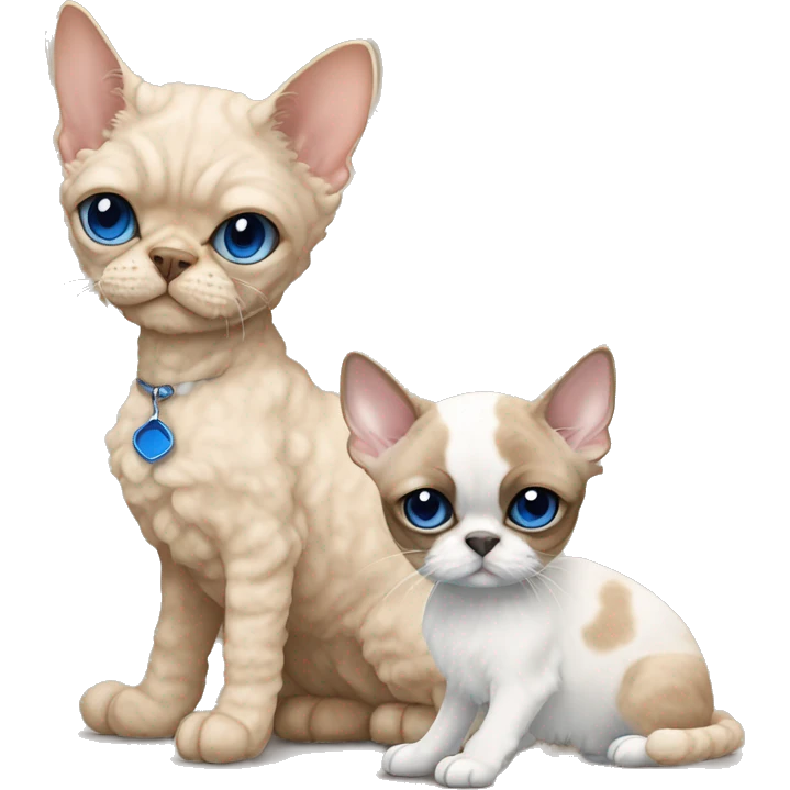 Beige curly fur Devon Rex Cat with blue eyes sitting next to a beige shih tzu   emoji