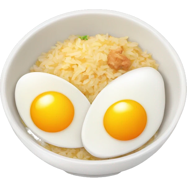 a bowl of rice with two eggs and two chicken emoji