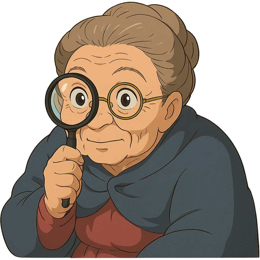 grandmother with glasses peering through a magnifying glass in ghibli style emoji