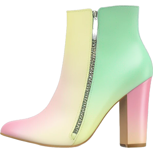 Realistic isolated top front view of a pair of pastel green,pastel yellow,and pastel pink ombre leather cut out high heel ankle bootie boots.  emoji