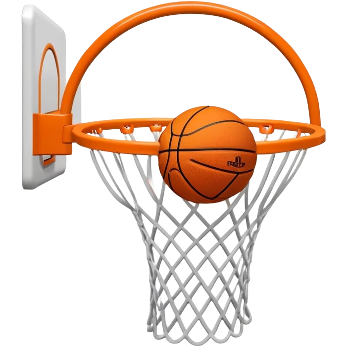 Minimalist orange Spalding basketball going through a white basketball net, swishing through hoop, iOS emoji style emoji