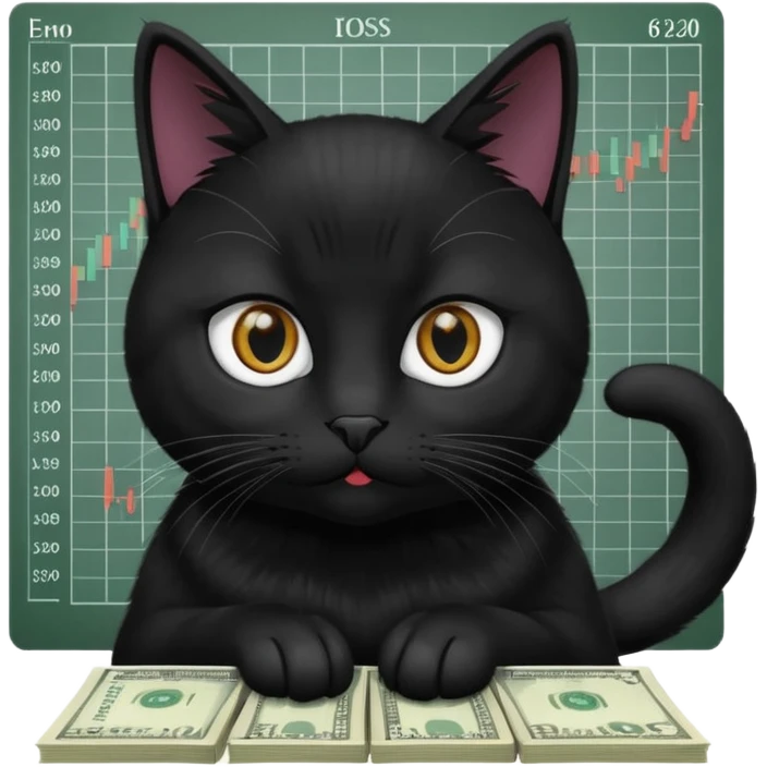 stock investing black and smart cat, with stock charts and money emoji