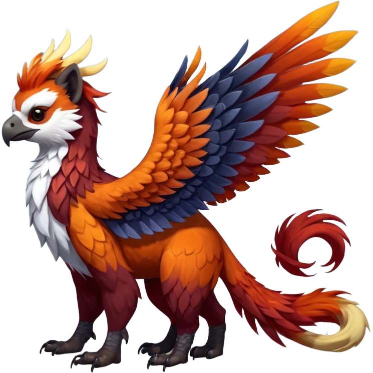4-legged colorful shiny smooth glossy furry realistic scaly winged long-big-beaked Gryphon-Griffin-Griffsnuff-Talonflame-Silvally-Braviary-Red-Panda-fusion-hybrid-animal-Fakémon-creature, full body, with a long thin tufted lion-tail emoji