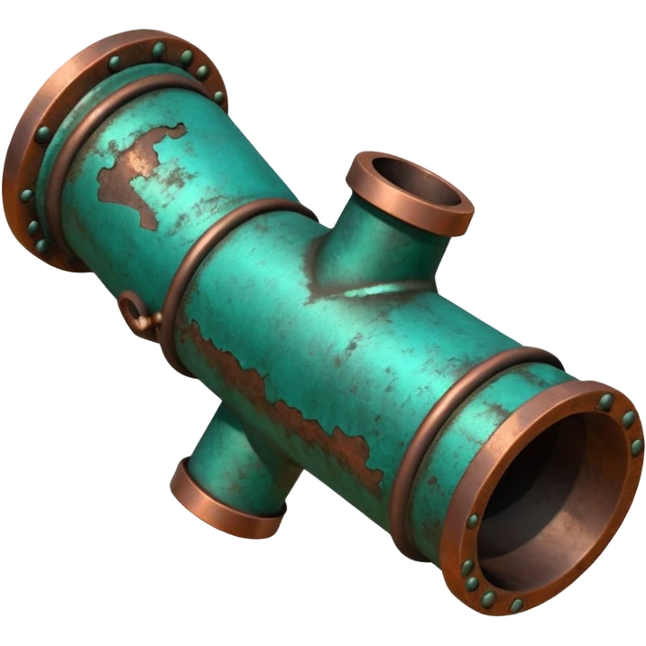 3D render of Garden Pipe, heavily oxidized copper texture, verdigris patina, Pipe joint with teal oxidation, weathered bronze aesthetic, ancient decay, emoji style, isolated on white background --v 6.0. emoji