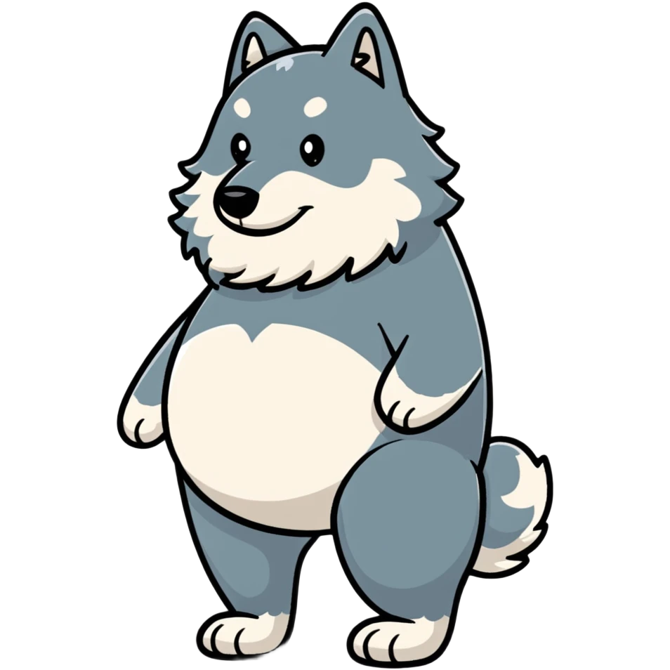 Gray wolf with an oversized pregnant belly, standing profile view, fluffy fur emoji