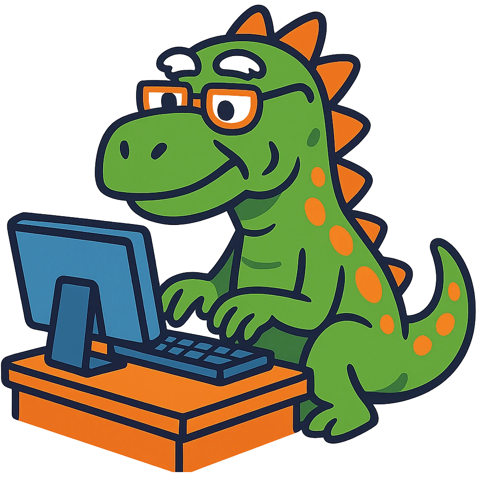 cartoonish old dinosaur typing on a computer emoji