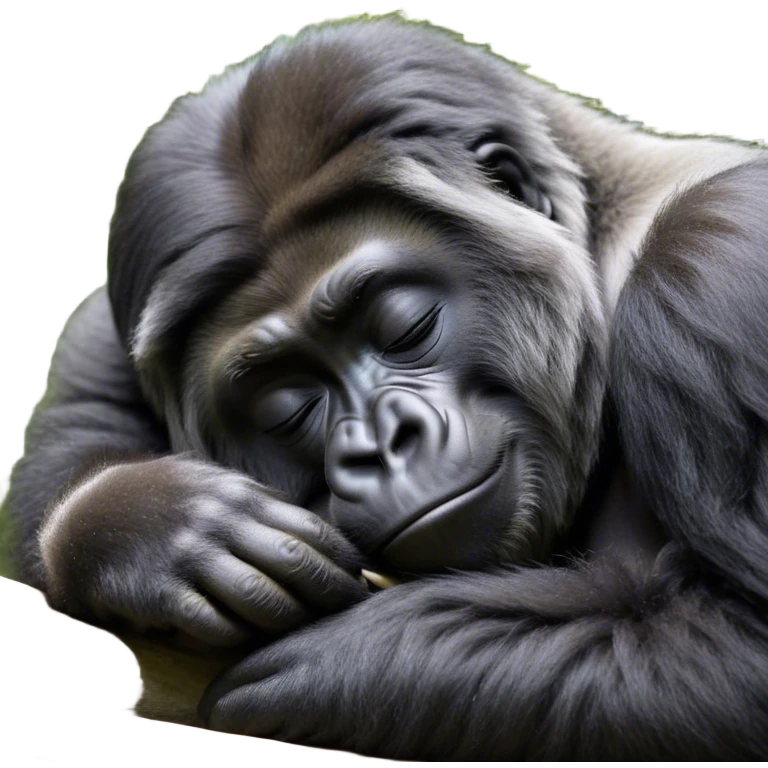 Meme-Worthy cute Sleeping mountain Gorilla Portrait Emoji, Head resting peacefully with a contented smile, showcasing a luxuriously thick black and grey-flecked Fur and eyes gently closed in serene slumber, Simplified yet hilariously adorable features, highly detailed, glowing with a soft, drowsy jungle light, high shine, relaxed and utterly lovable, stylized with an air of playful laziness, bright and heartwarming, soft glowing outline, capturing the essence of a sleeping mountain that feels destined to become the next viral sensation of adorable rest! emoji
