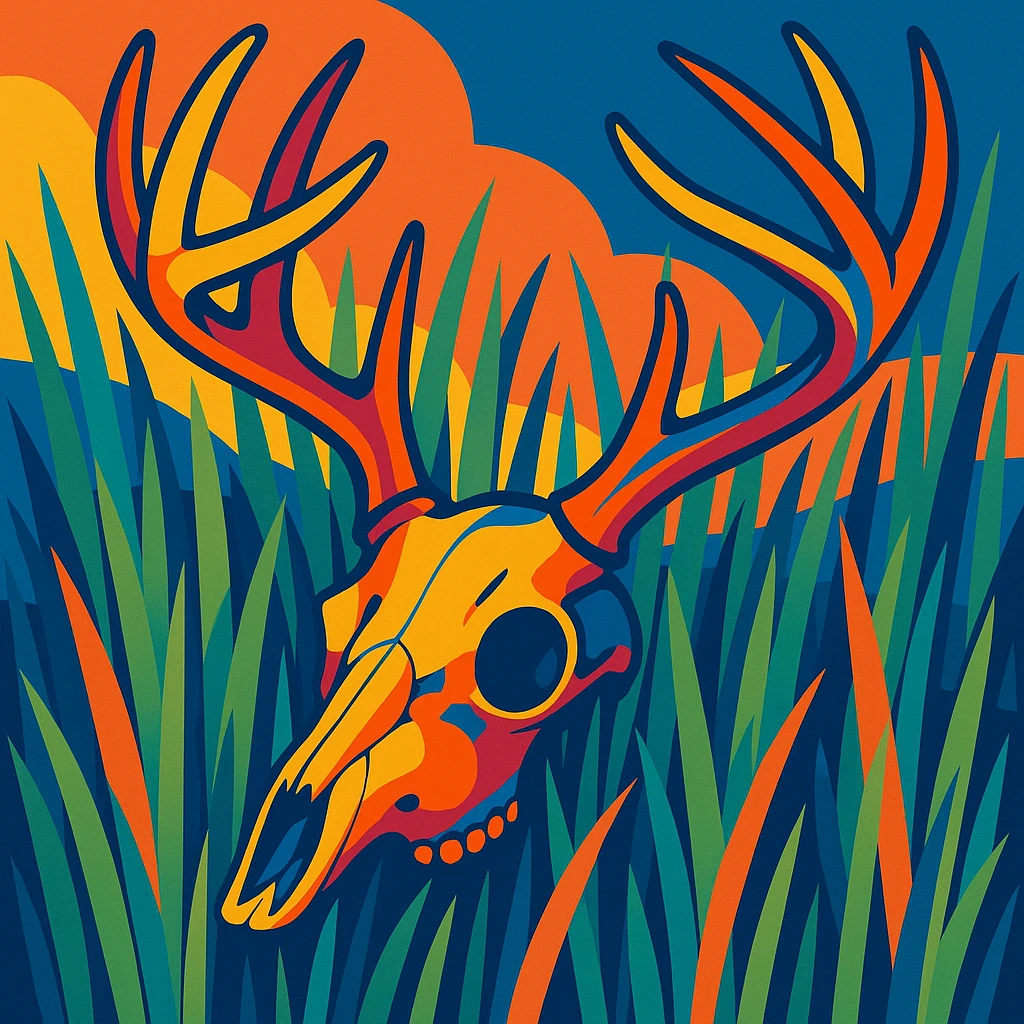 deer skull in tall grass, vibrant colors, detailed illustration emoji