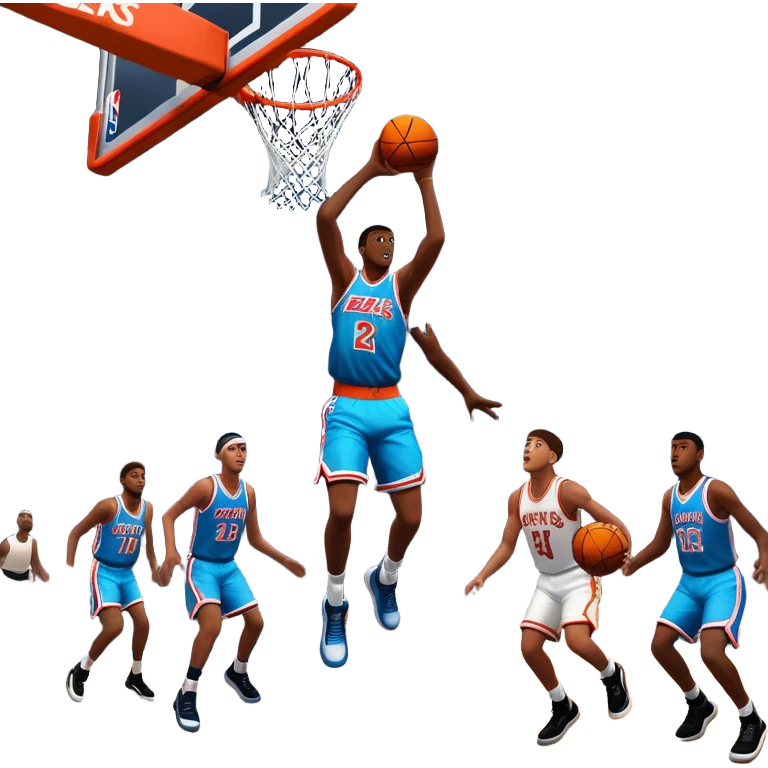 An icon featuring a basketball court with players in action, inspired by NBA 2K25. A player jumps for a dunk, with the ball mid-air. Bright lights illuminate the court, symbolizing the excitement of sports simulation games. Transparent background emphasizes the energy. emoji