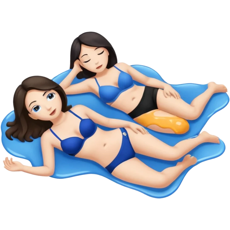 TWO only TWO white brunette women lying down full body melting into each other. one is wearing a blue bra and one is wearing a black bra. but they r melting into each other emoji