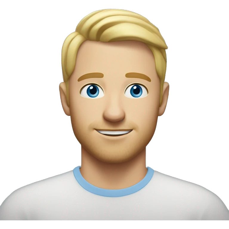 A head and shoulders shot of a 32 year old white man, with short blonde hair,   with blue eyes wearing a t-shirt. emoji