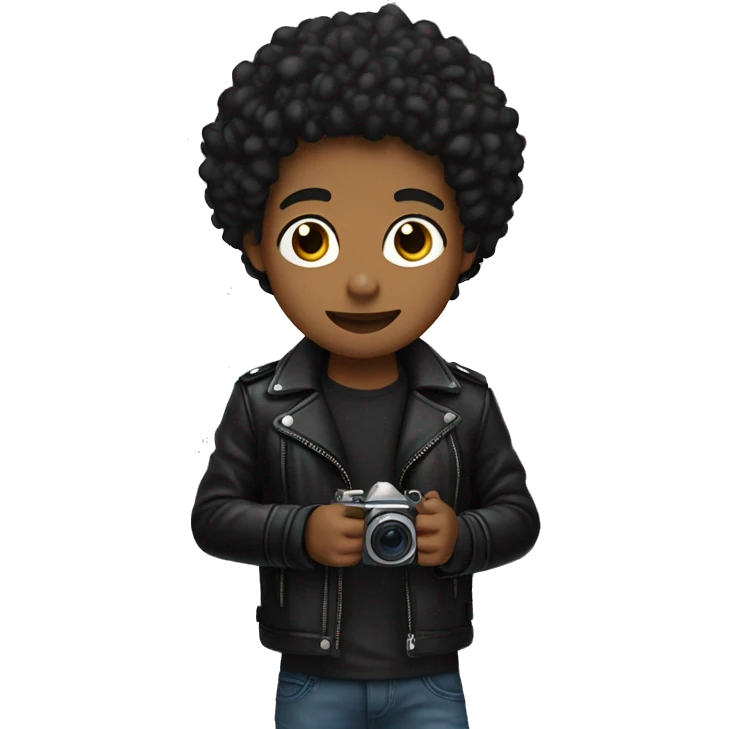 young brown skin man with black curly hair and black leather jacket holding camera emoji