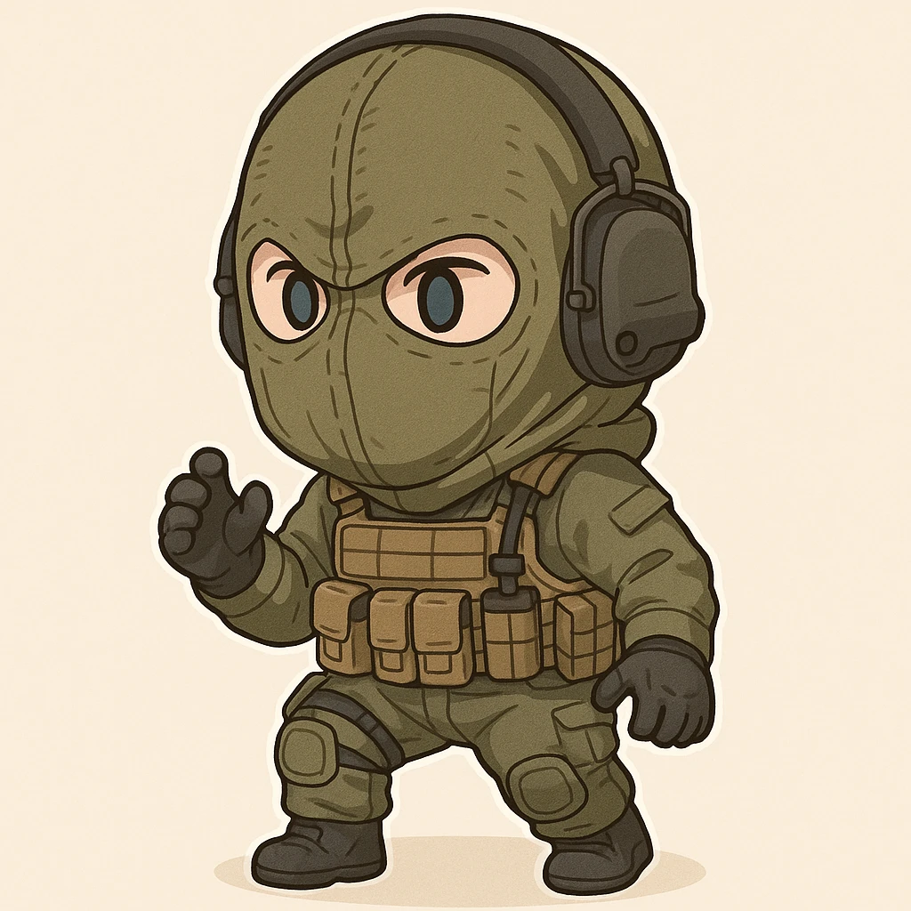 Konig from Call of Duty as a chibi character, highlighting his mask and military outfit, simple background emoji