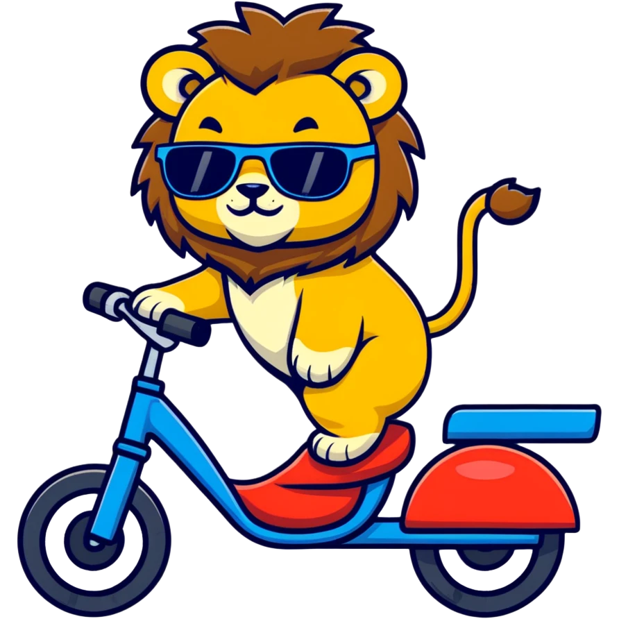 lion riding a bike with sunglasses, cartoon sticker style emoji