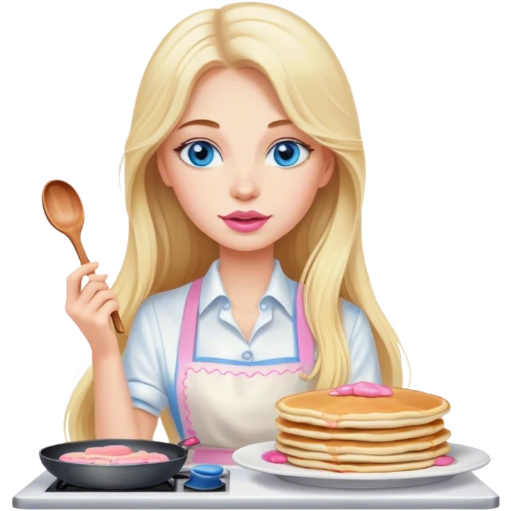 Cinematic realistic beautiful blonde with long hair, blue eyes and pink lips in a white dress cooks pancakes emoji