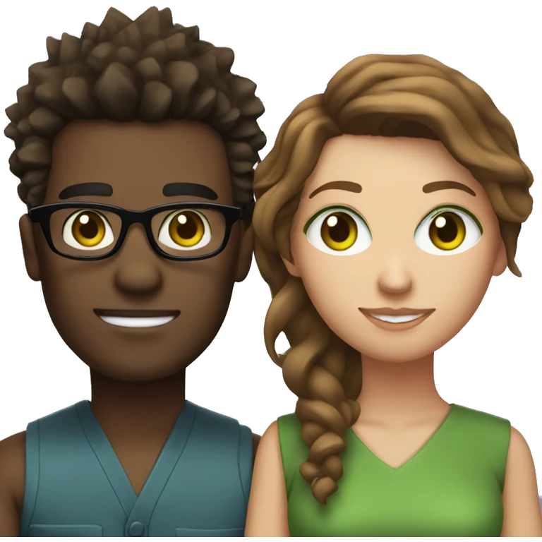 black male with spikey hair and glasses and white female with brown wavy hair , green eyes and glasses emoji