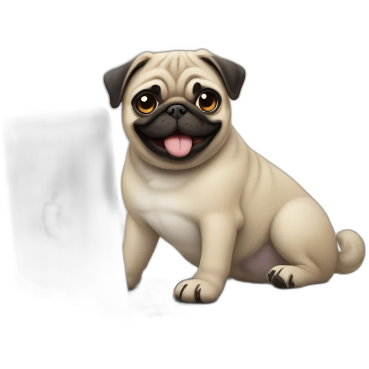 Pug smiling with a macbook emoji
