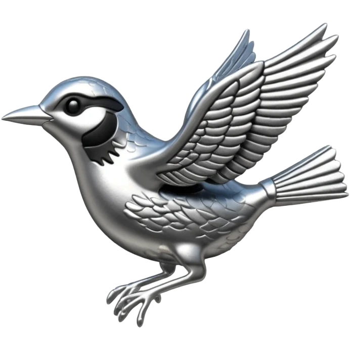 A cast metal pin depicting a silver wren in flight emoji