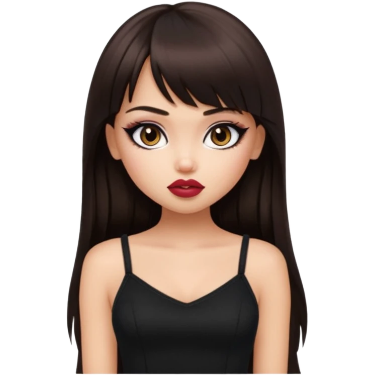 generate a pretty bratz girl in black cami top, dark brown straight long hair with bangs, eyeliner on, emoji