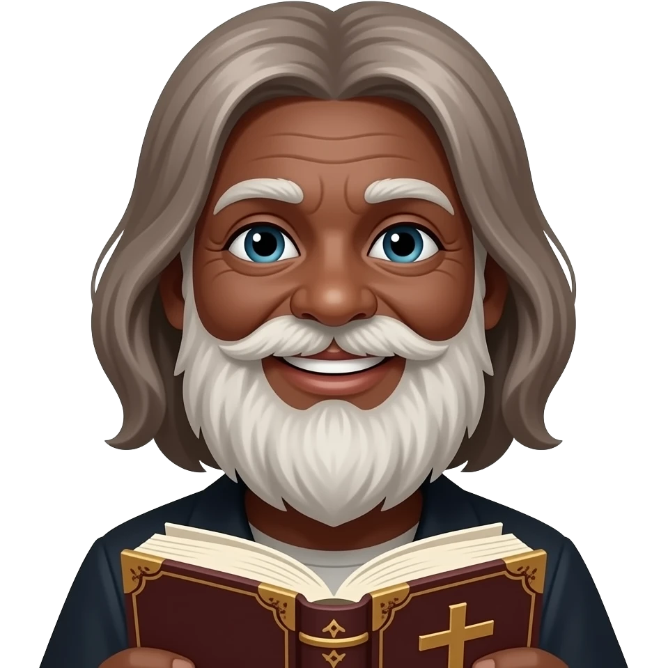 wise old woman with greying brown hair white beard black skin smile with book that has a cross on it emoji