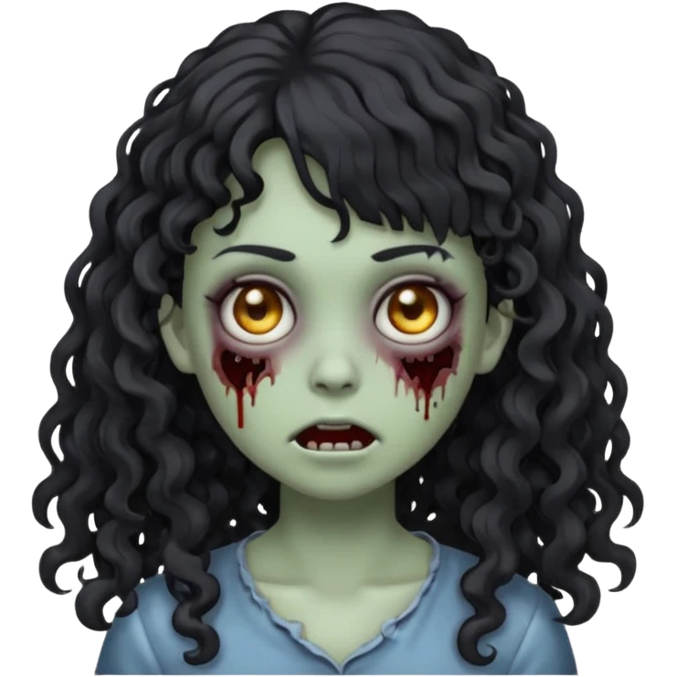 Emoji garota zombie sem ferimentos no rosto com cabelo preto cacheado longo com franja cacheada sem volume emoji