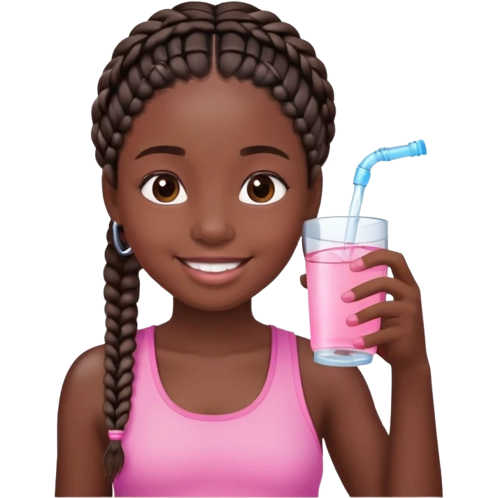 Black girl dark skin with braids drinking water. She is on pink and is smiling emoji