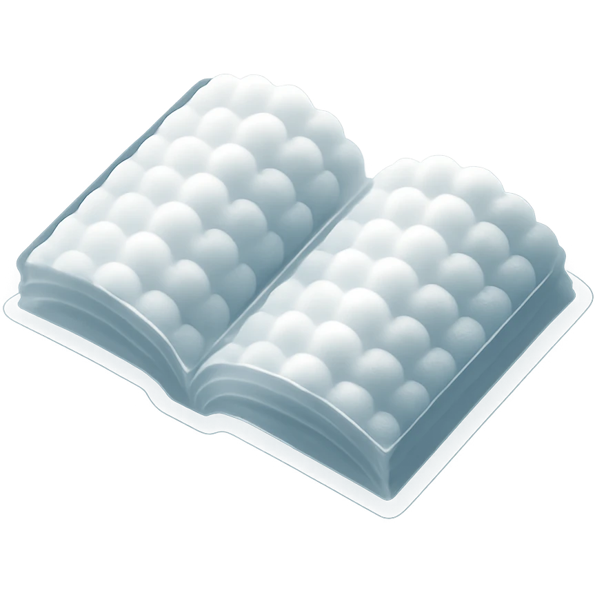 top view of a thick open book made entirely of small, very bright white fluffy convex clouds, matte glass style emoji