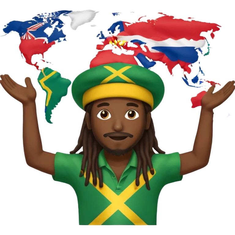 Rasta man with arms wide open 🙌🏾🔥 standing in front of world map 🌍🎶 with every flag 🇯🇲🇺🇸🇬🇧🇫🇷🇮🇳🇧🇷🇳🇬 saying ONE LOVE 💛💚❤️ to di world 🌐🦁 emoji