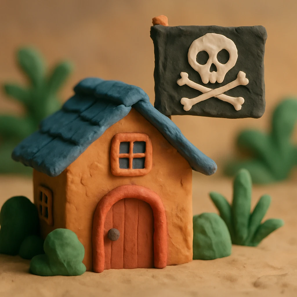 old pirate's house with skull flag emoji