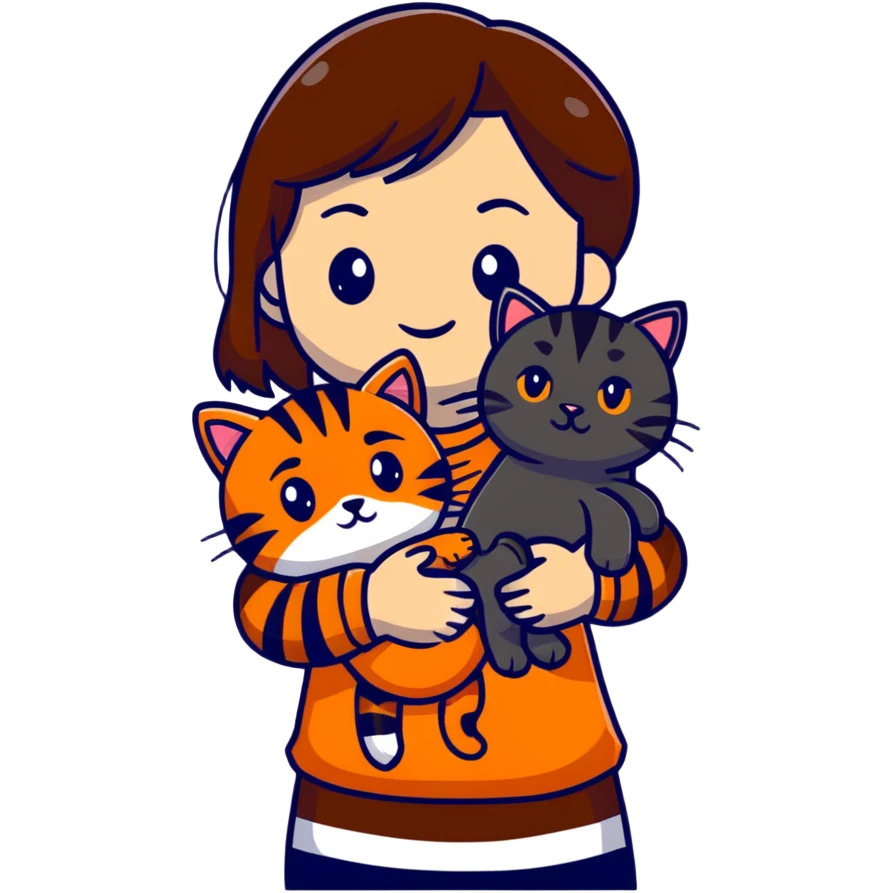 tan brown-haired girl holding two cats, one black cat and one orange tiger-striped cat emoji