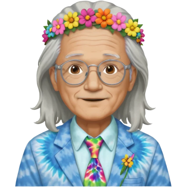 elderly man with long grey hair, glasses, peace sign necklace, tie-dye clothing, flower crown emoji