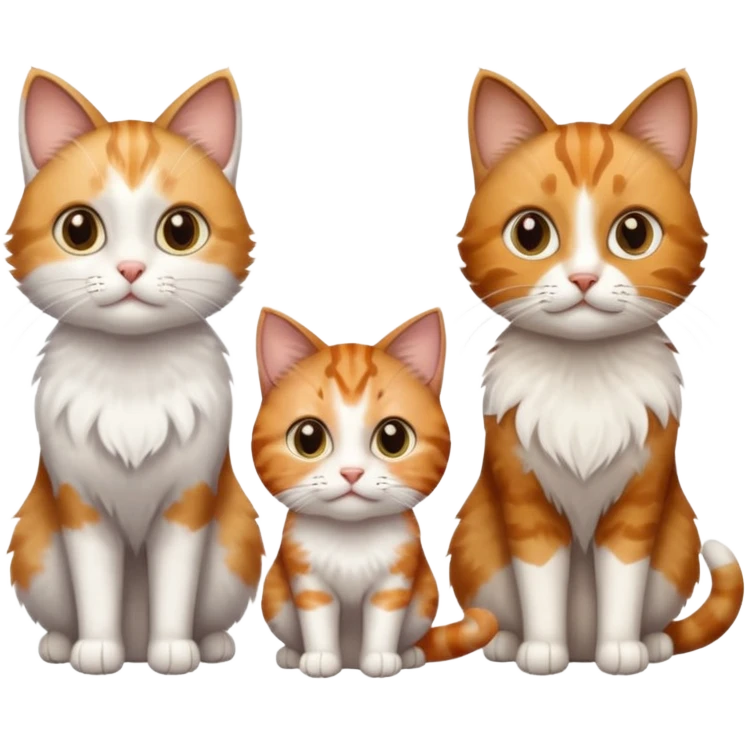 3 cats different colours including brown tabby and white, light patchy calico, and ginger and white emoji