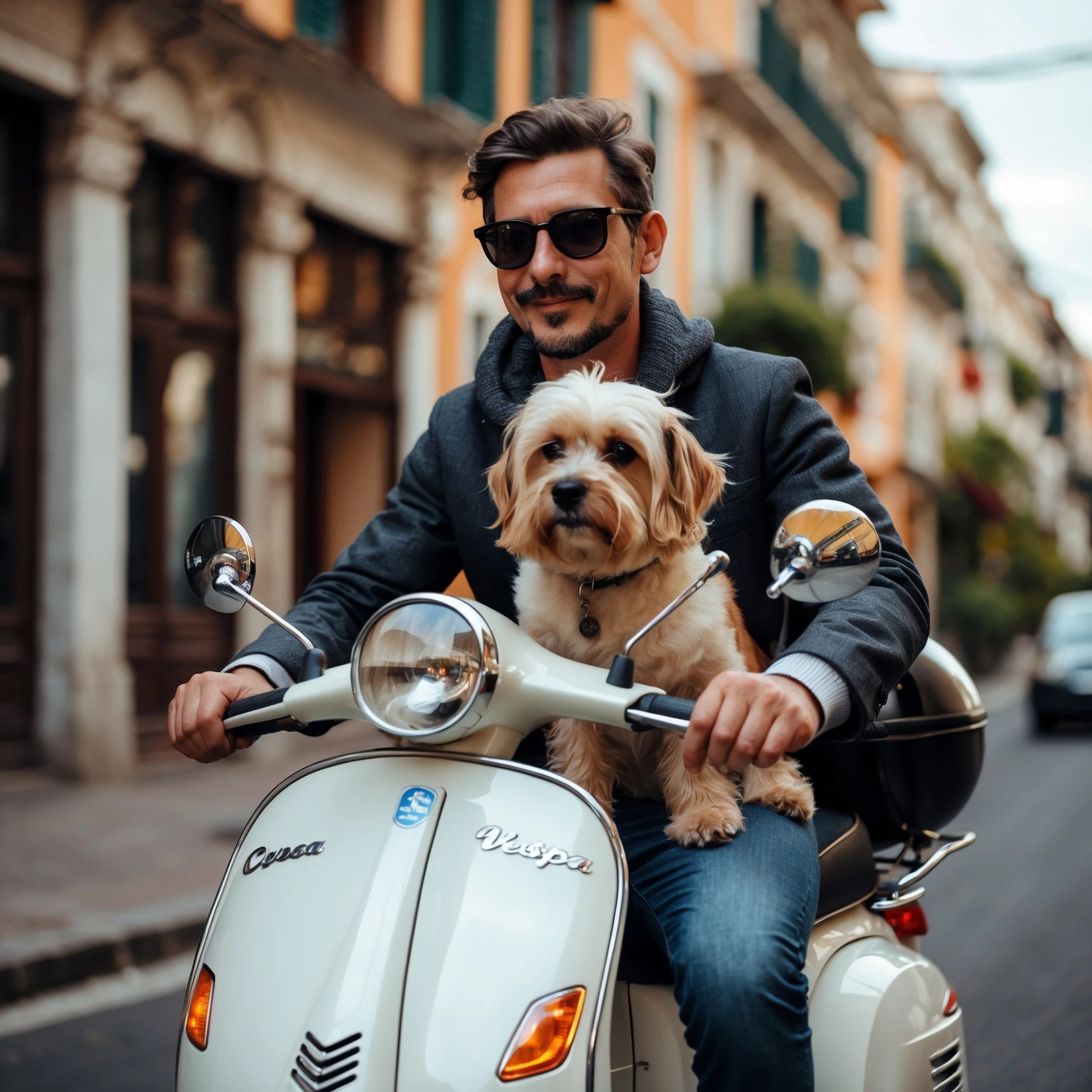 man and his pet dog riding a vespa emoji