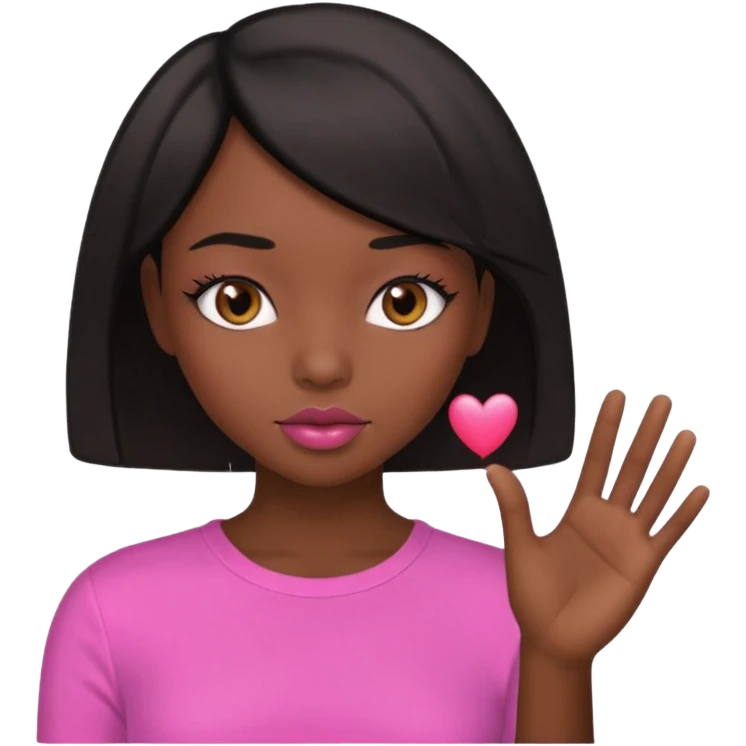 Dark skin girl asking for money with hand out make her more fabulous but still a clean look with a black bob and pink shirt  brown eye  with the kiss lips  emoji