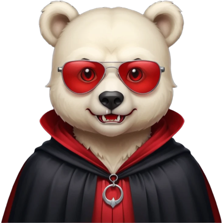 Vampire animal, bear in red collar cloak, red eye, fangs, sunglasses emoji