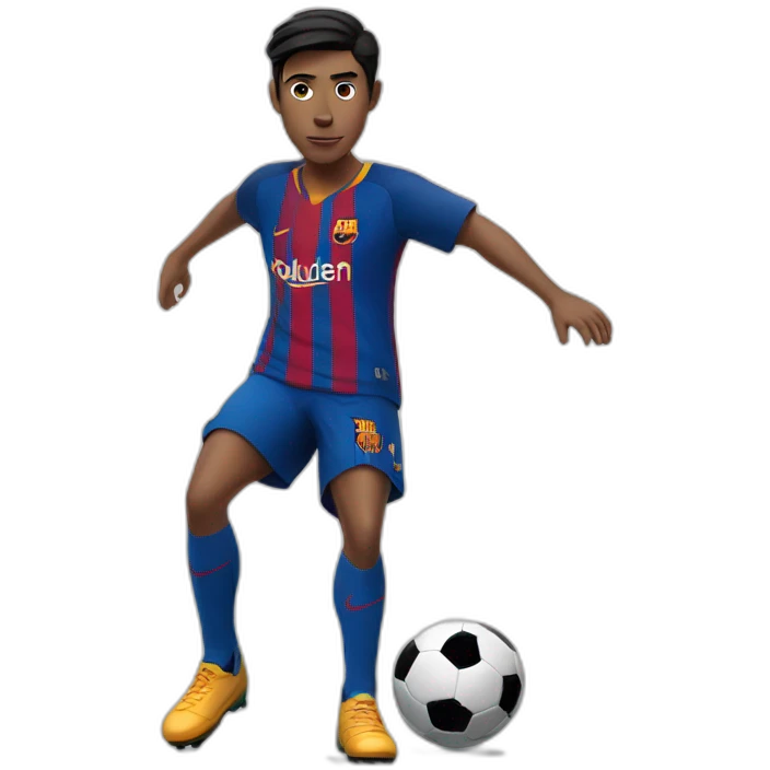Teenager with black hair and fair skin playing soccer with ball in barcelona jersey emoji