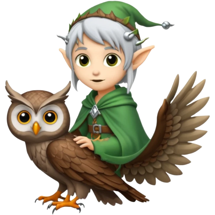 tiny forest elf with silver hair riding owl emoji