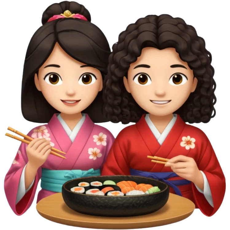 czarnowłosa ksieżniczka w dlugich wlosach je sushi z chłopakiem o czarno brązowych kręconych włosach i są zadowoleni emoji