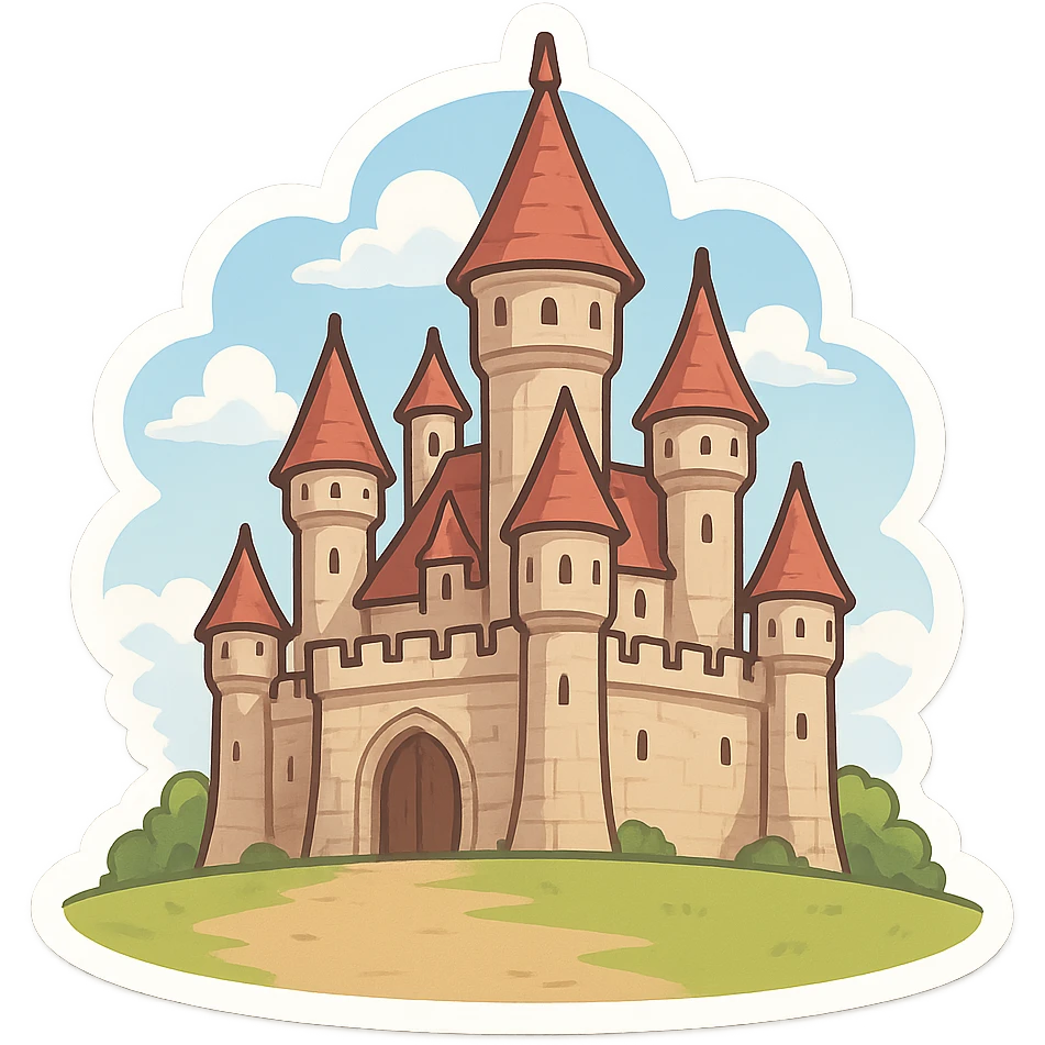 一个欧洲西方世界的奇幻城堡，前景有一片空地，蓝天白云 emoji