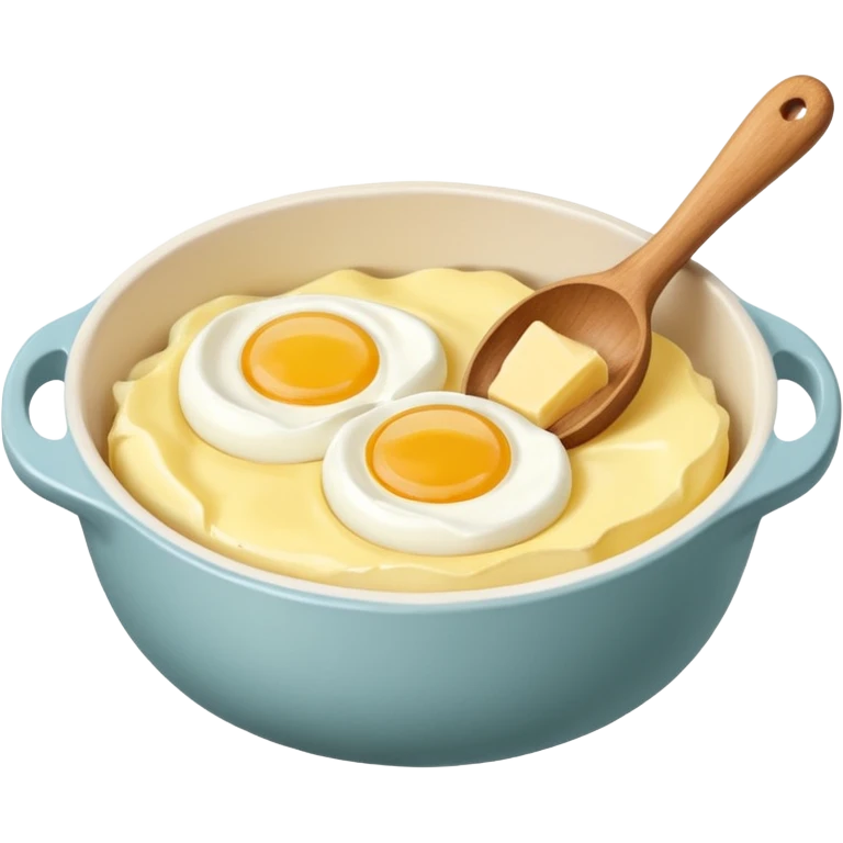 A carton of eggs, butter and a cream ceramic baking bowl with a wooden spoon in it emoji