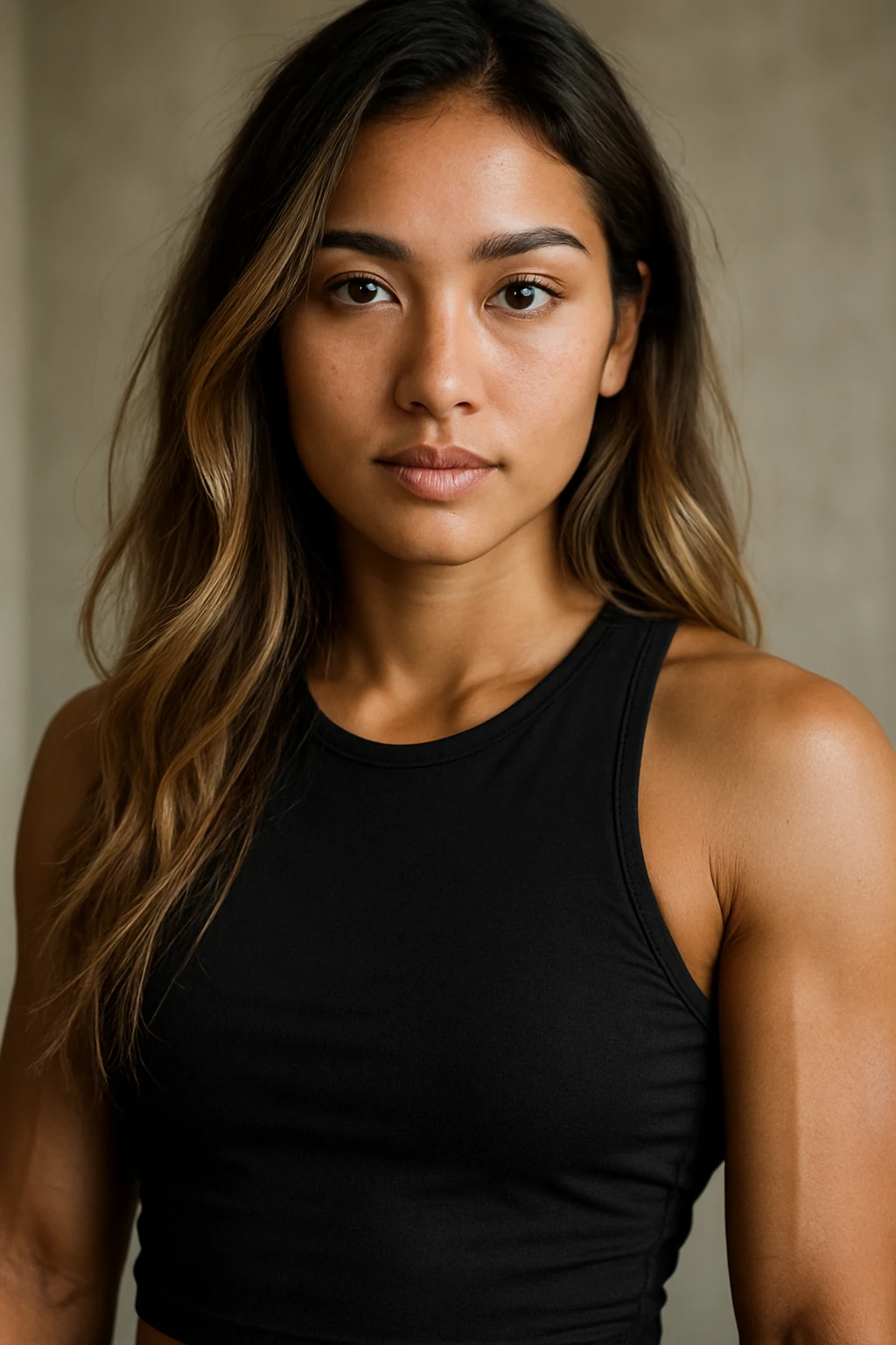 portrait of a half white half asian girl with tanned skin, brown hazel eyes, long slightly wavy brown balayage blond hair, wearing a tight black top, with a bit buff physique from gym emoji