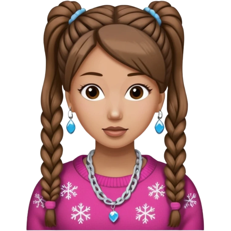 Chica blanca, pelo castaño recogido con pelos fuera, jersey de invierno y Nicki emoji