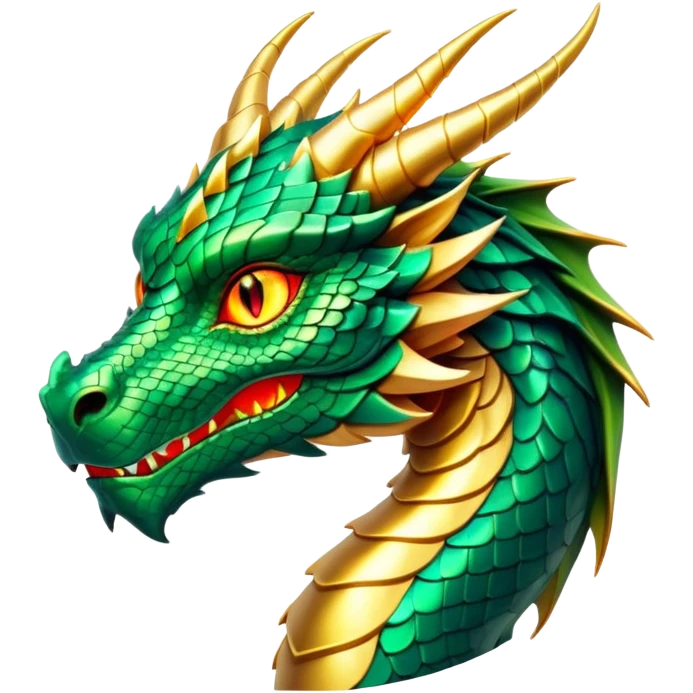 Cinematic Noble Dragon Portrait Emoji, Poised and majestic, with a sinuous, elongated body covered in intricately detailed, shimmering scales in hues of emerald and gold, and piercing, fiery eyes that reflect ancient wisdom; rendered with lifelike texture and natural highlights, high shine, intelligent and formidable, styled with an aura of mythic power, focused and attentive, soft glowing outline, capturing the essence of a legendary dragon that appears ready to soar out of the screen with timeless authority! emoji