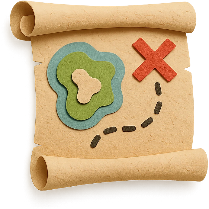 rolled treasure map with an X mark, dotted path, and island details, layered paper effect emoji