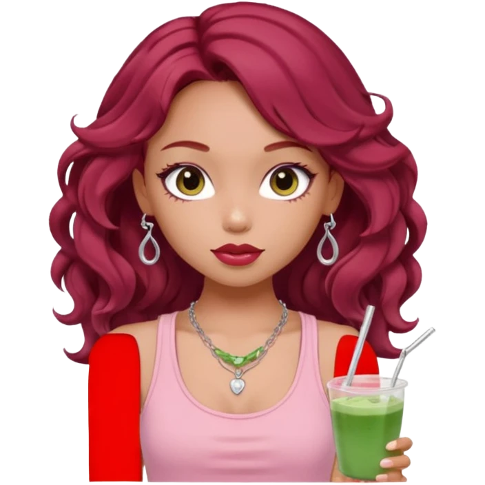 a pretty fair bratz girl with wavy dark red hair, wearing a pink tank top . silver dainty layered necklaces, carrying a matcha emoji