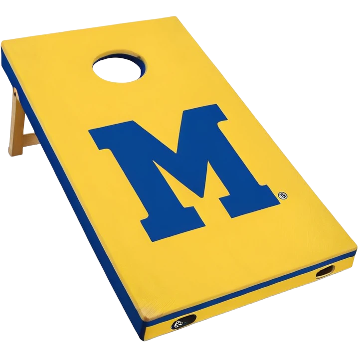 Cornhole board blue and yellow with Michigan “M” With a yellow cornhole bag emoji